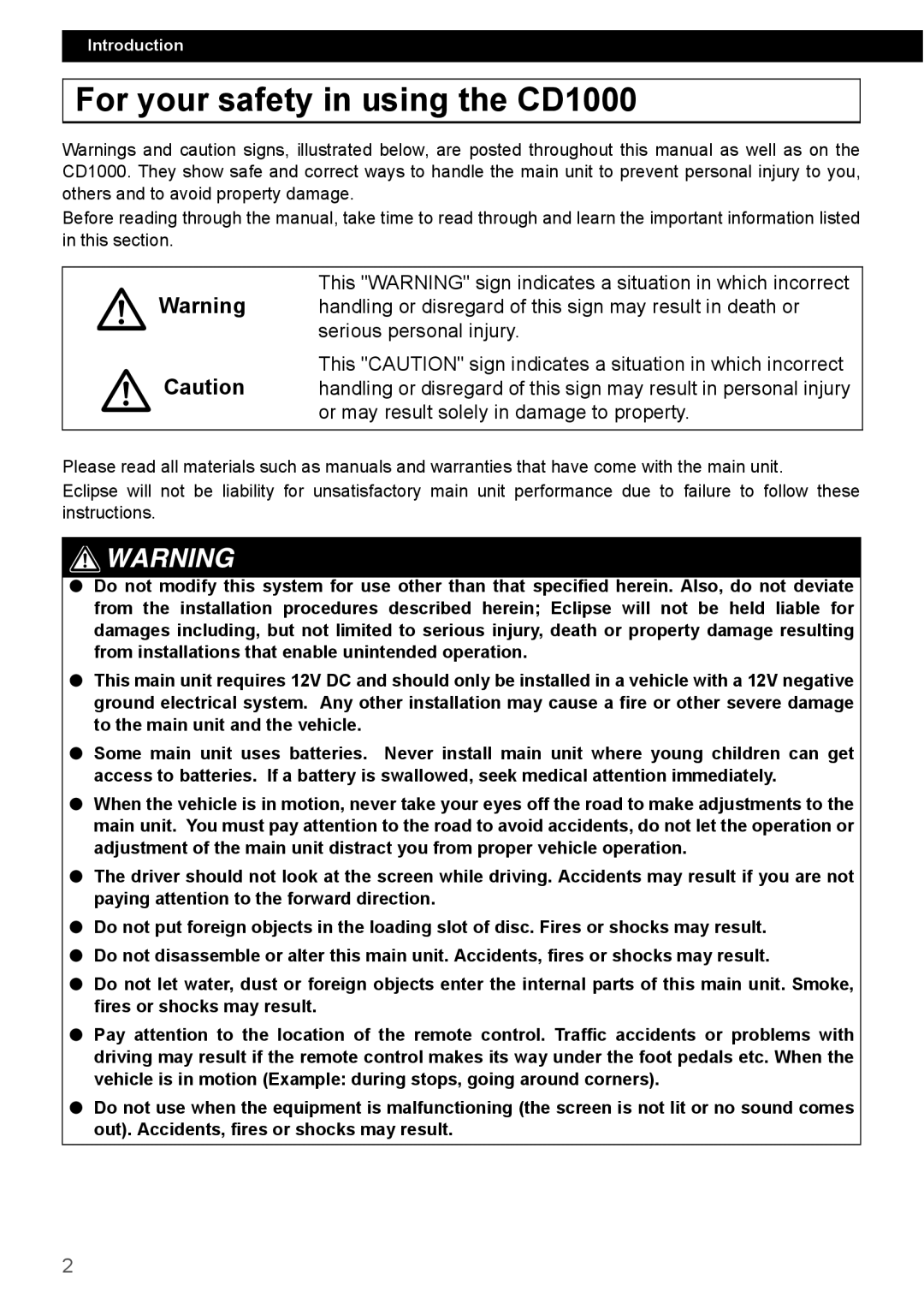 Eclipse - Fujitsu Ten manual For your safety in using the CD1000 