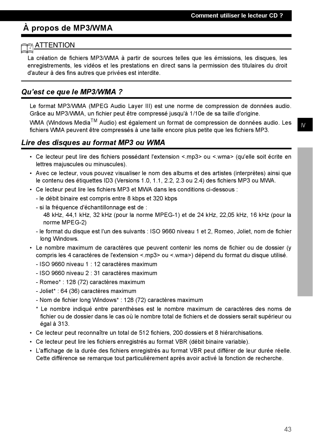 Eclipse - Fujitsu Ten CD1000 manual À propos de MP3/WMA, Quest ce que le MP3/WMA ?, Lire des disques au format MP3 ou WMA 