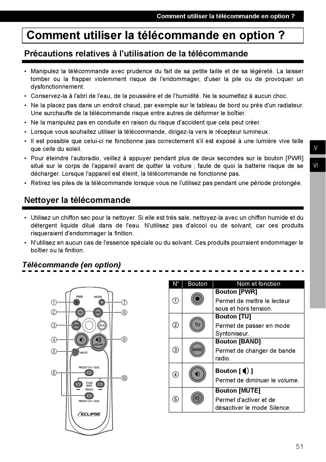 Eclipse - Fujitsu Ten CD1000 manual Comment utiliser la télécommande en option ?, Nettoyer la télécommande, N Bouton 