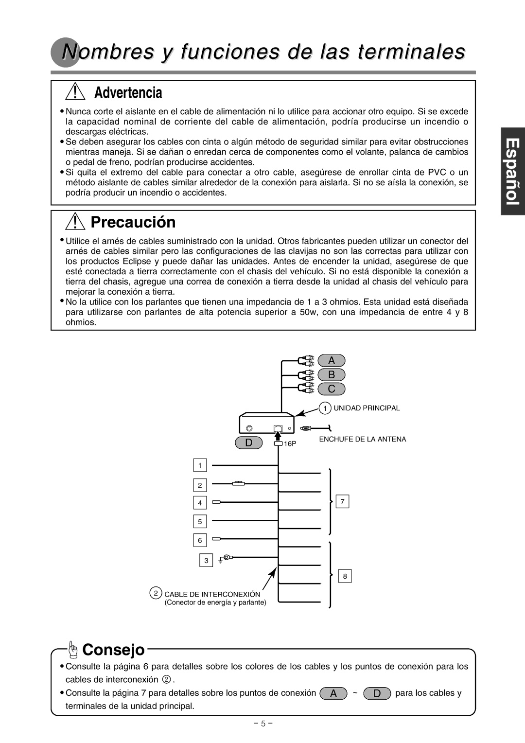 Eclipse - Fujitsu Ten CD2000 installation manual Nombres y funciones de las terminales 