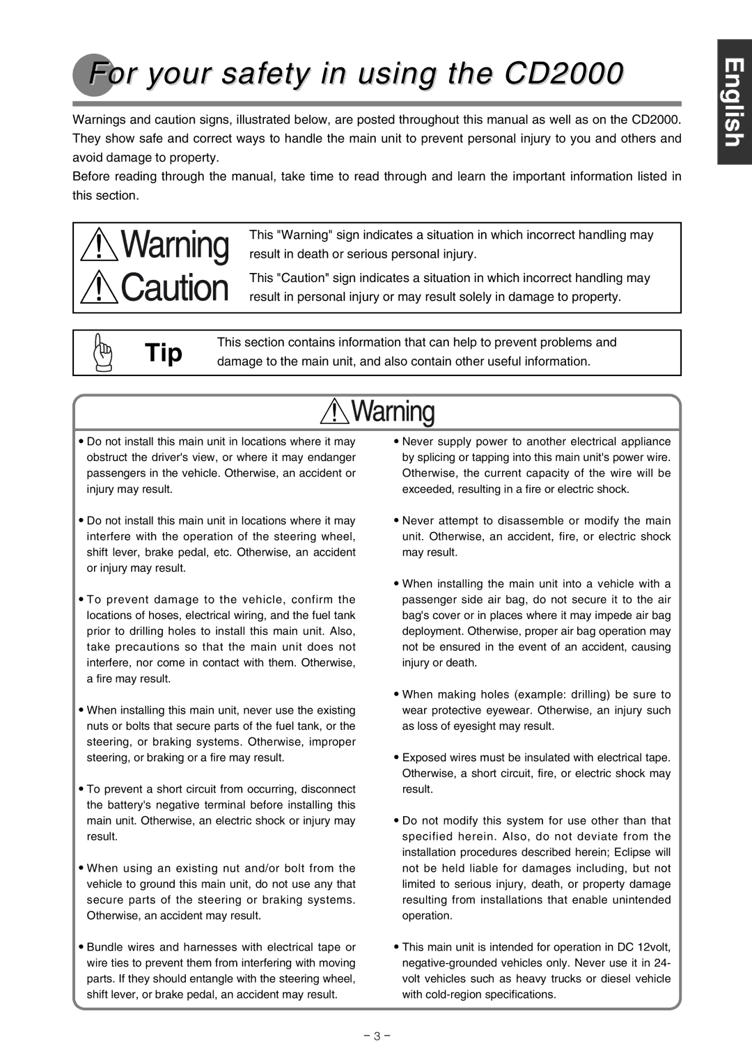 Eclipse - Fujitsu Ten For your safety in using the CD2000, English, Français Italiano Nederlands Svenska 