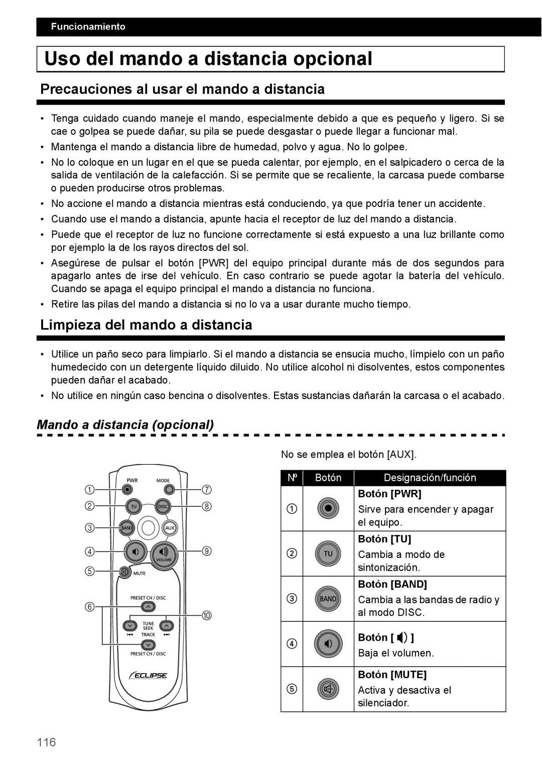 Eclipse - Fujitsu Ten CD2000 manual Uso del mando a distancia opcional, Precauciones al usar el mando a distancia, Nº Botón 