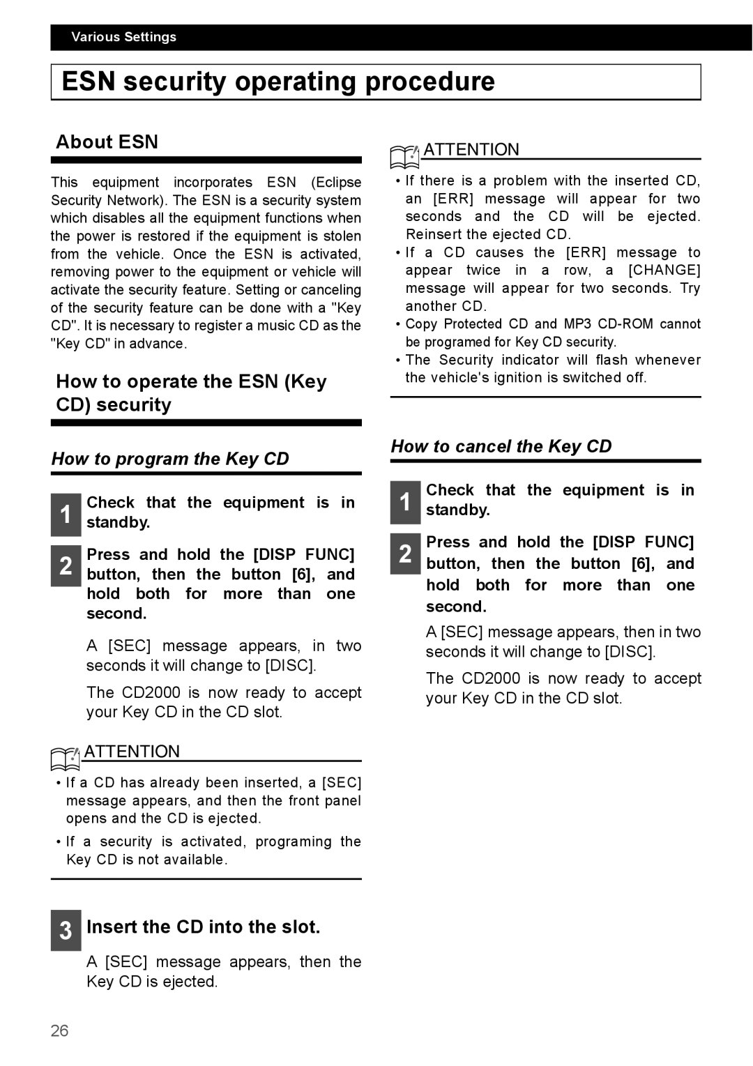 Eclipse - Fujitsu Ten CD2000 manual ESN security operating procedure, About ESN, How to operate the ESN Key CD security 