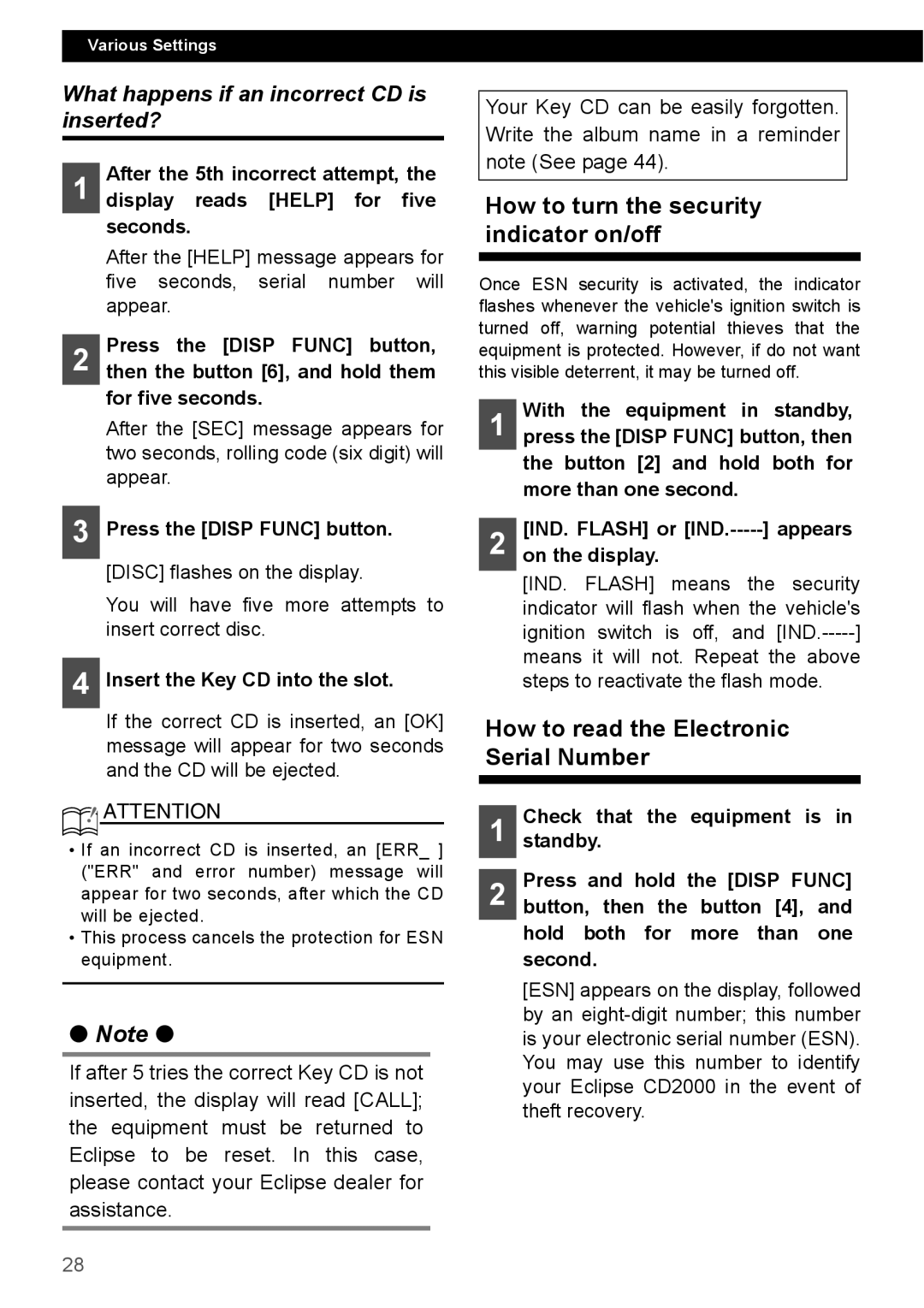 Eclipse - Fujitsu Ten CD2000 manual How to turn the security indicator on/off, How to read the Electronic Serial Number 
