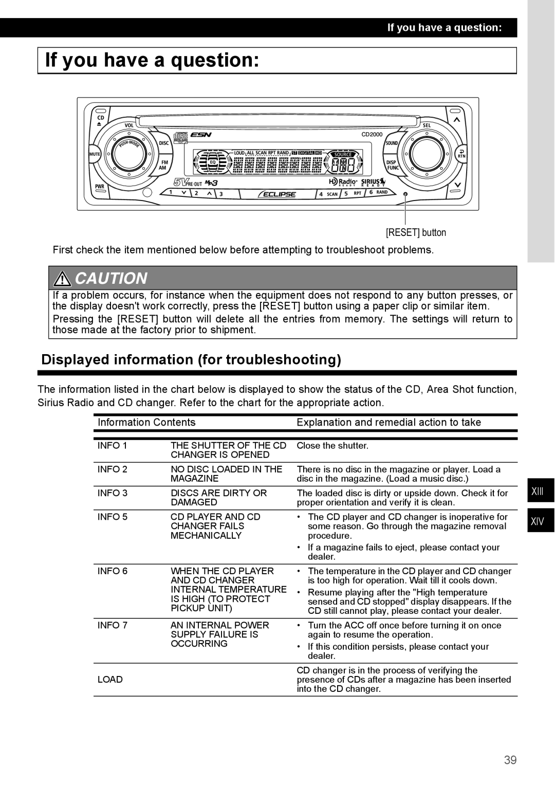 Eclipse - Fujitsu Ten CD2000 manual If you have a question, Displayed information for troubleshooting, Xiii Xiv 