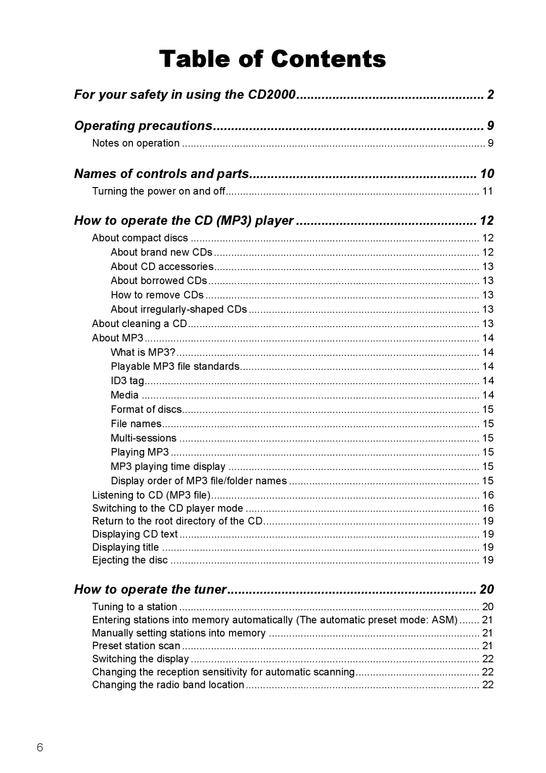 Eclipse - Fujitsu Ten manual Table of Contents, For your safety in using the CD2000, Operating precautions 