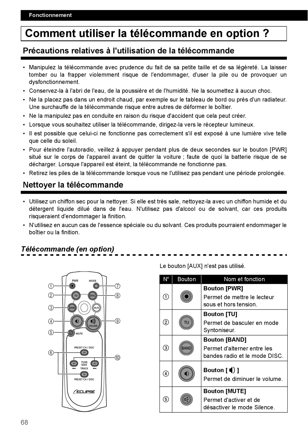 Eclipse - Fujitsu Ten CD2000 manual Comment utiliser la télécommande en option ?, Nettoyer la télécommande, N Bouton 