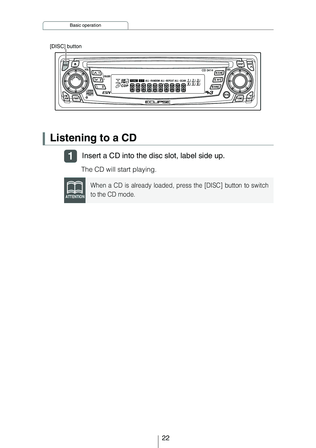 Eclipse - Fujitsu Ten CD3414 owner manual Listening to a CD 