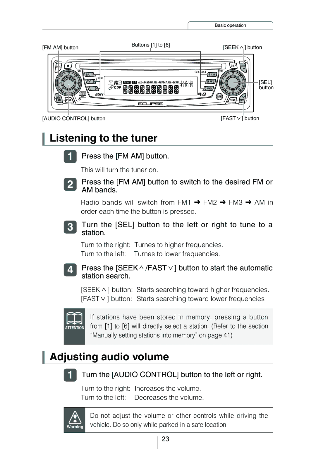 Eclipse - Fujitsu Ten CD3414 owner manual Listening to the tuner, Adjusting audio volume 