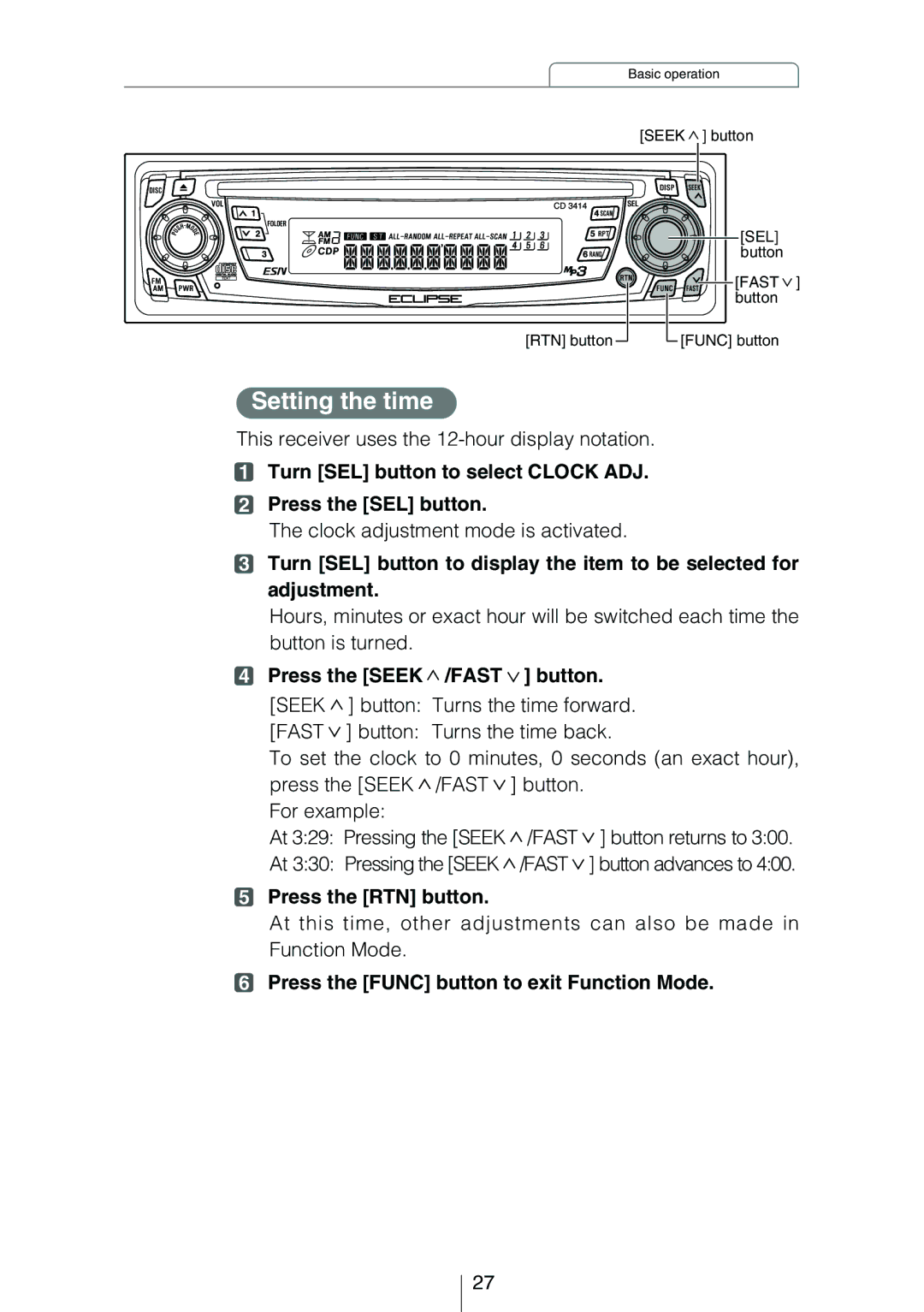 Eclipse - Fujitsu Ten CD3414 owner manual Setting the time, Turn SEL button to select Clock ADJ Press the SEL button 