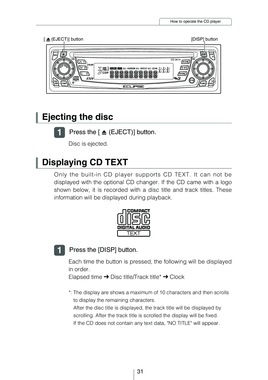 Eclipse - Fujitsu Ten CD3414 owner manual Ejecting the disc, Displaying CD Text, Press the Disp button 