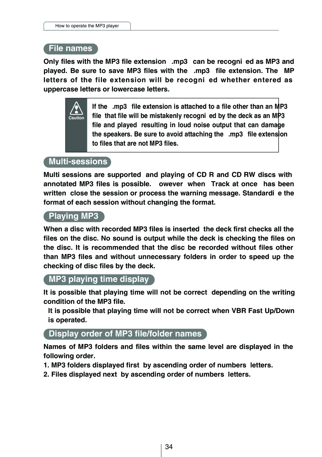 Eclipse - Fujitsu Ten CD3414 owner manual File names, Multi-sessions, Playing MP3, MP3 playing time display 