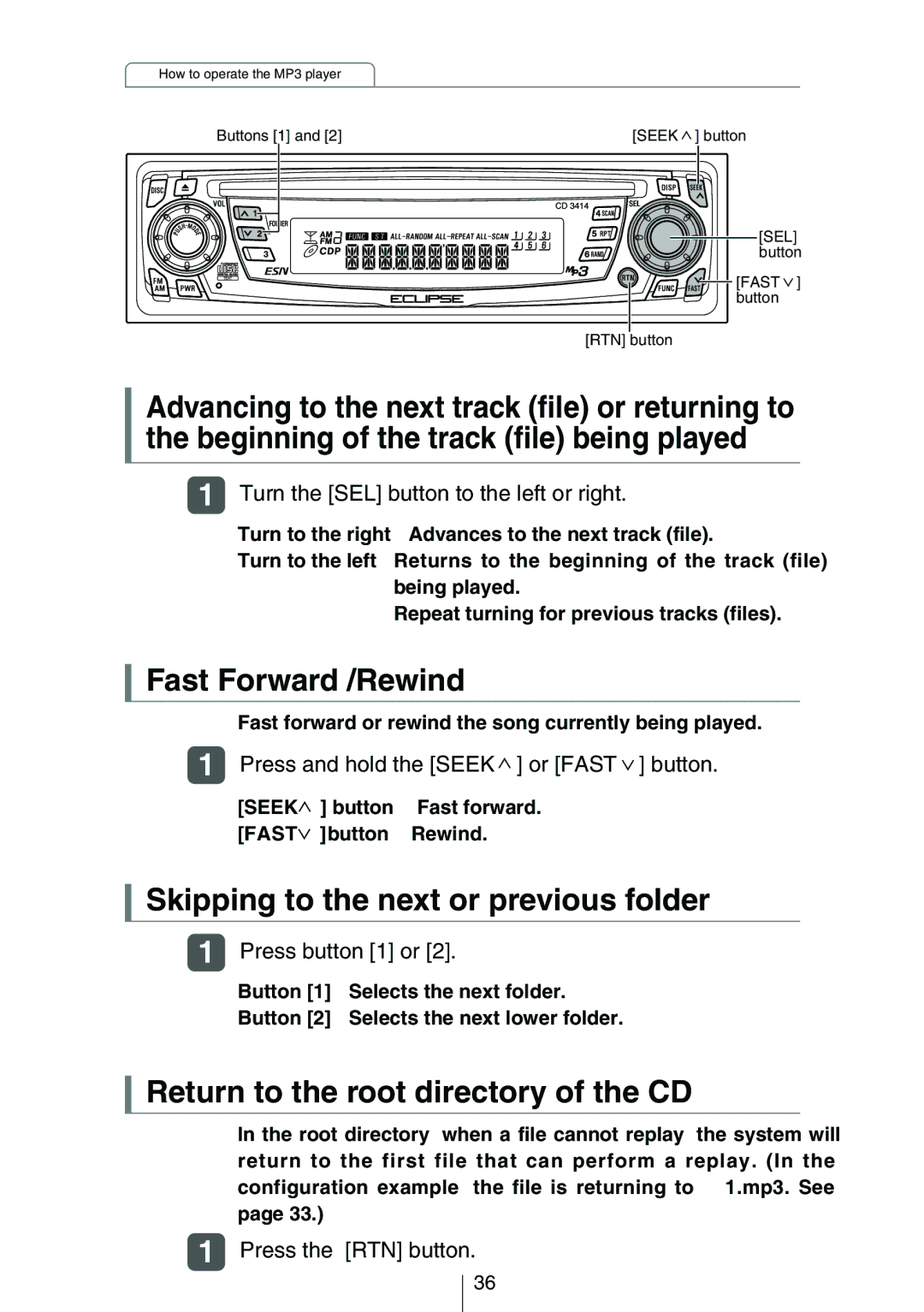 Eclipse - Fujitsu Ten CD3414 owner manual Fast Forward /Rewind, Skipping to the next or previous folder, Press button 1 or 