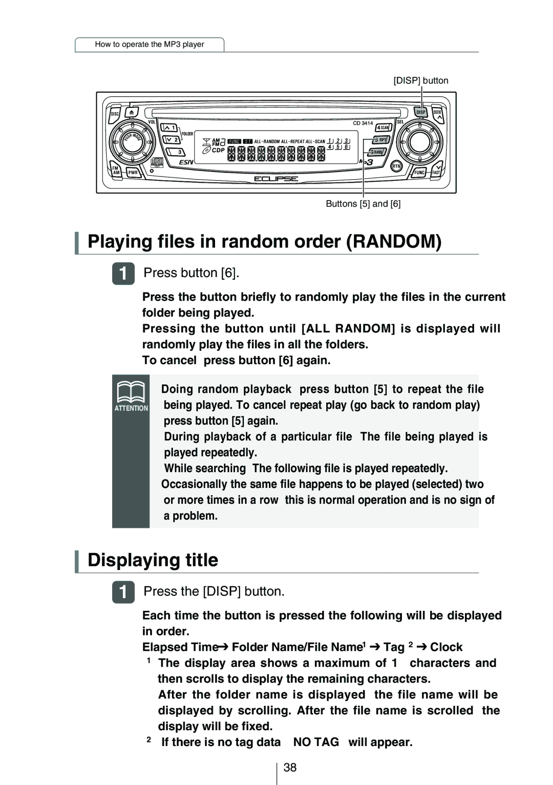 Eclipse - Fujitsu Ten CD3414 owner manual Playing files in random order Random, Displaying title 