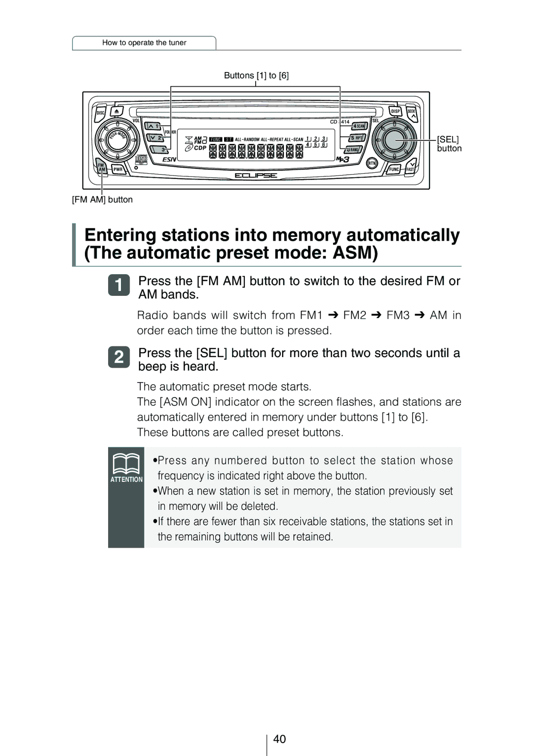 Eclipse - Fujitsu Ten CD3414 owner manual Press the SEL button for more than two seconds until a, Beep is heard 