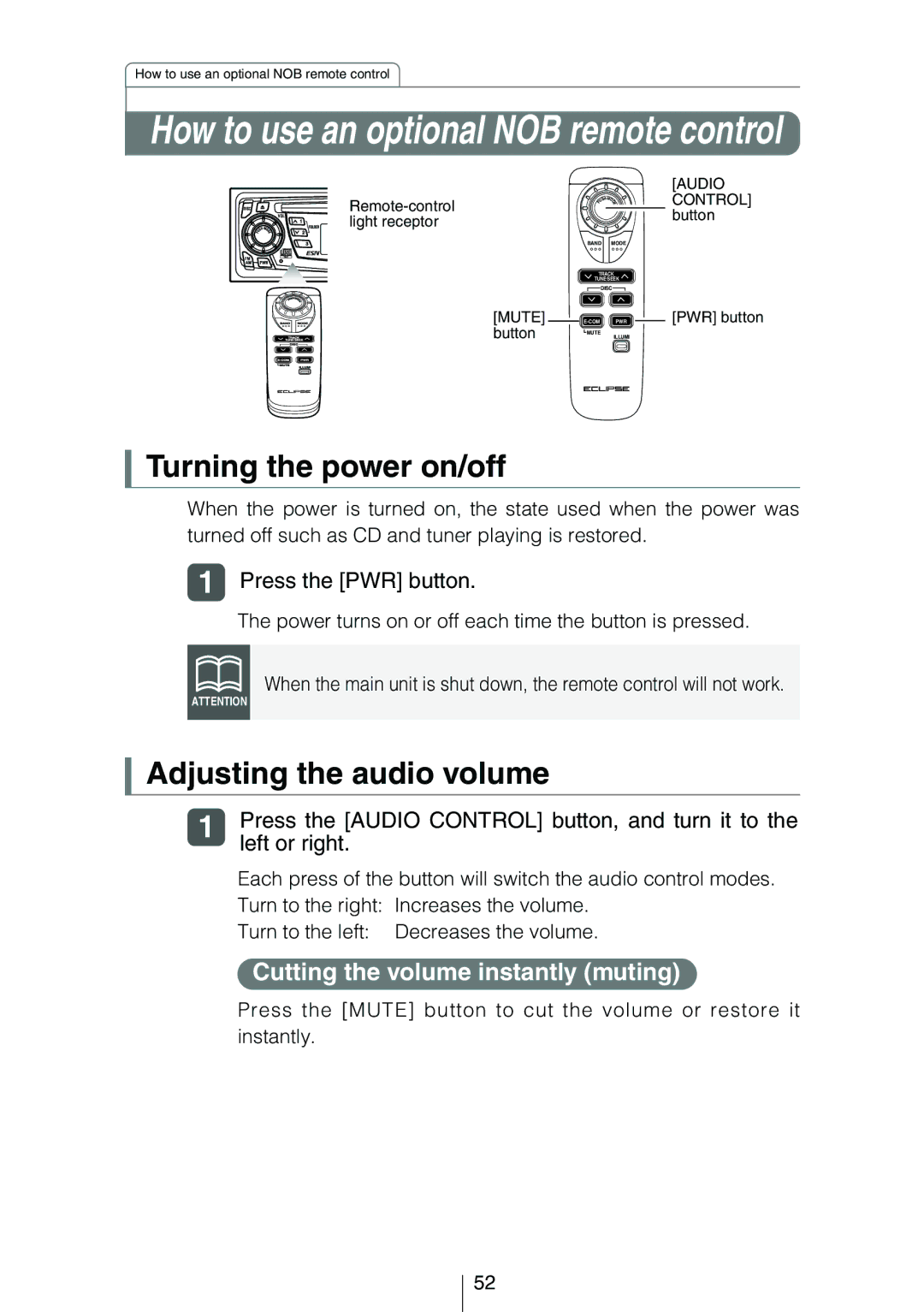 Eclipse - Fujitsu Ten CD3414 owner manual Press the Audio Control button, and turn it to, Left or right 