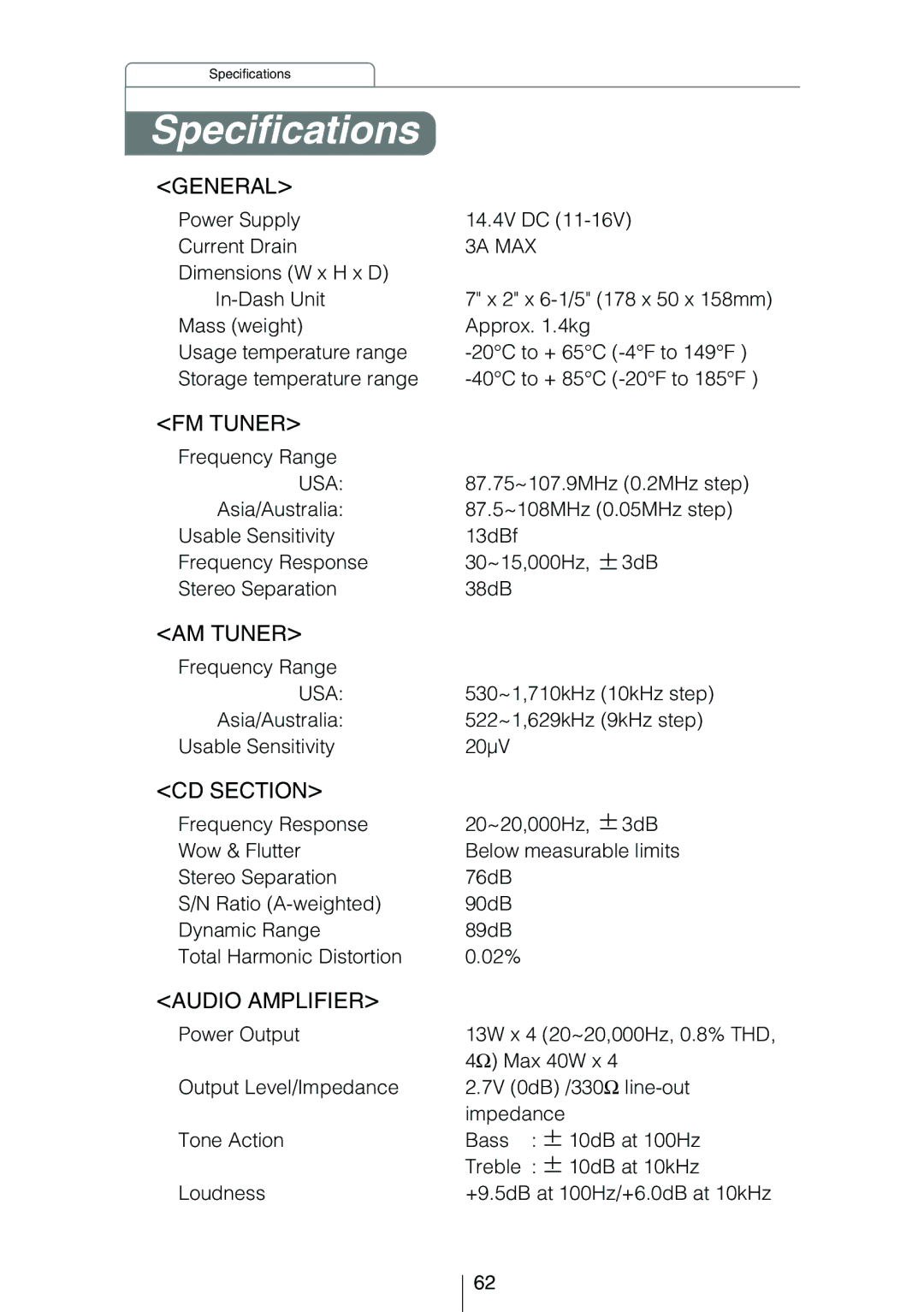 Eclipse - Fujitsu Ten CD3414 owner manual Specifications, General 