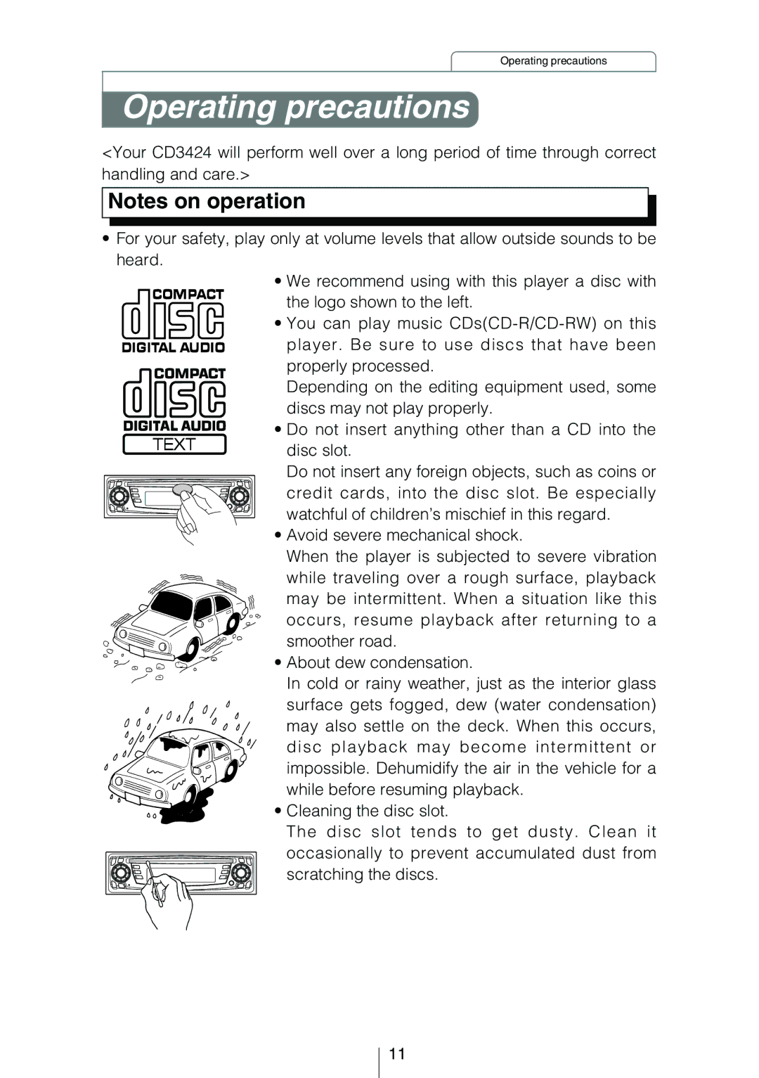 Eclipse - Fujitsu Ten CD3424 owner manual Operating precautions 