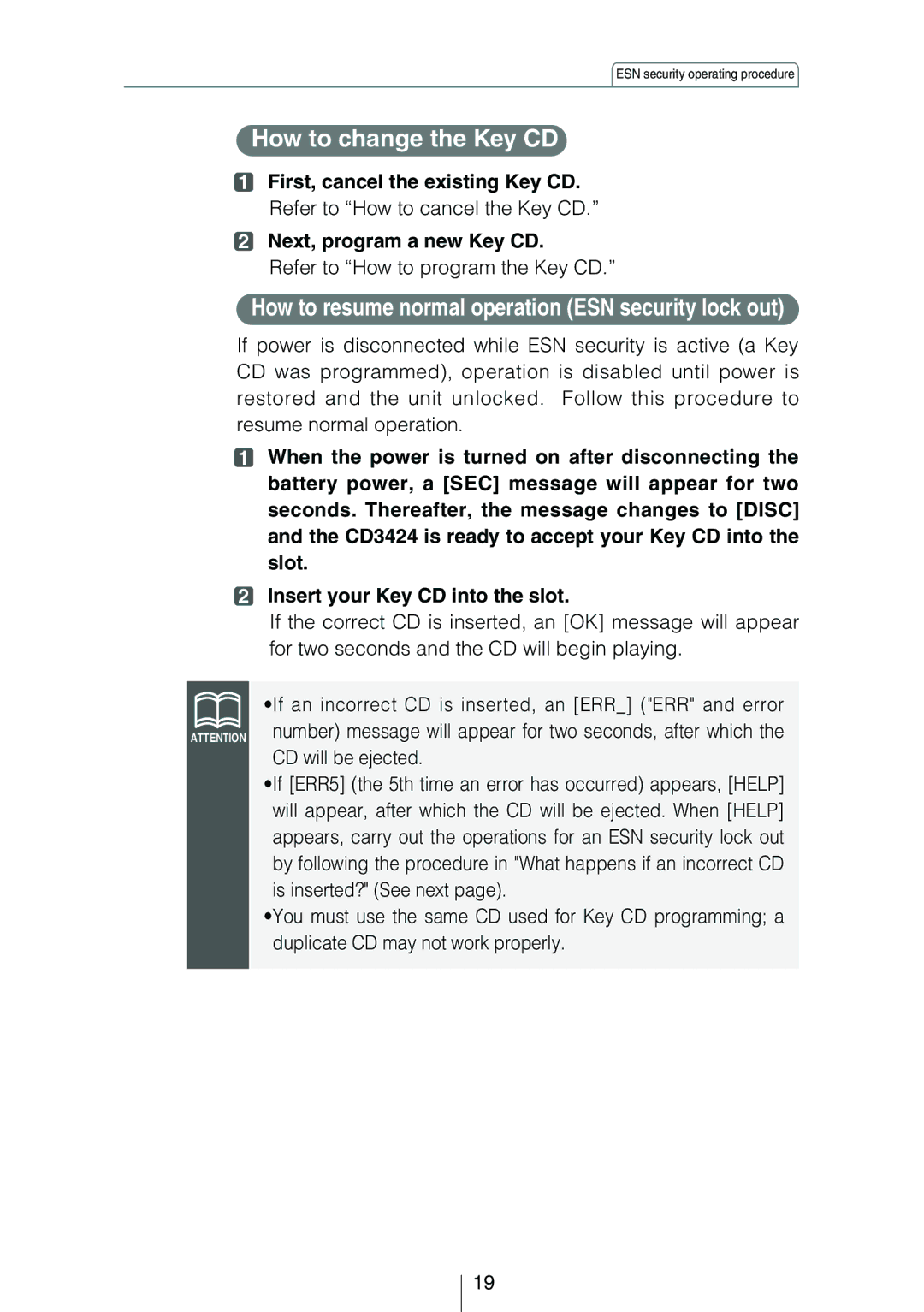 Eclipse - Fujitsu Ten CD3424 owner manual How to change the Key CD, How to resume normal operation ESN security lock out 