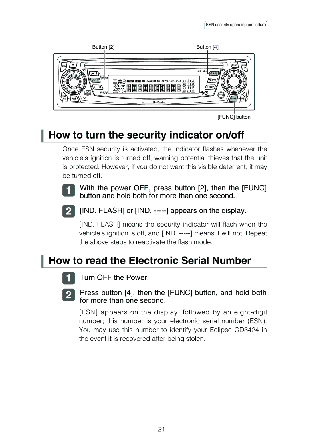 Eclipse - Fujitsu Ten CD3424 How to turn the security indicator on/off, How to read the Electronic Serial Number 