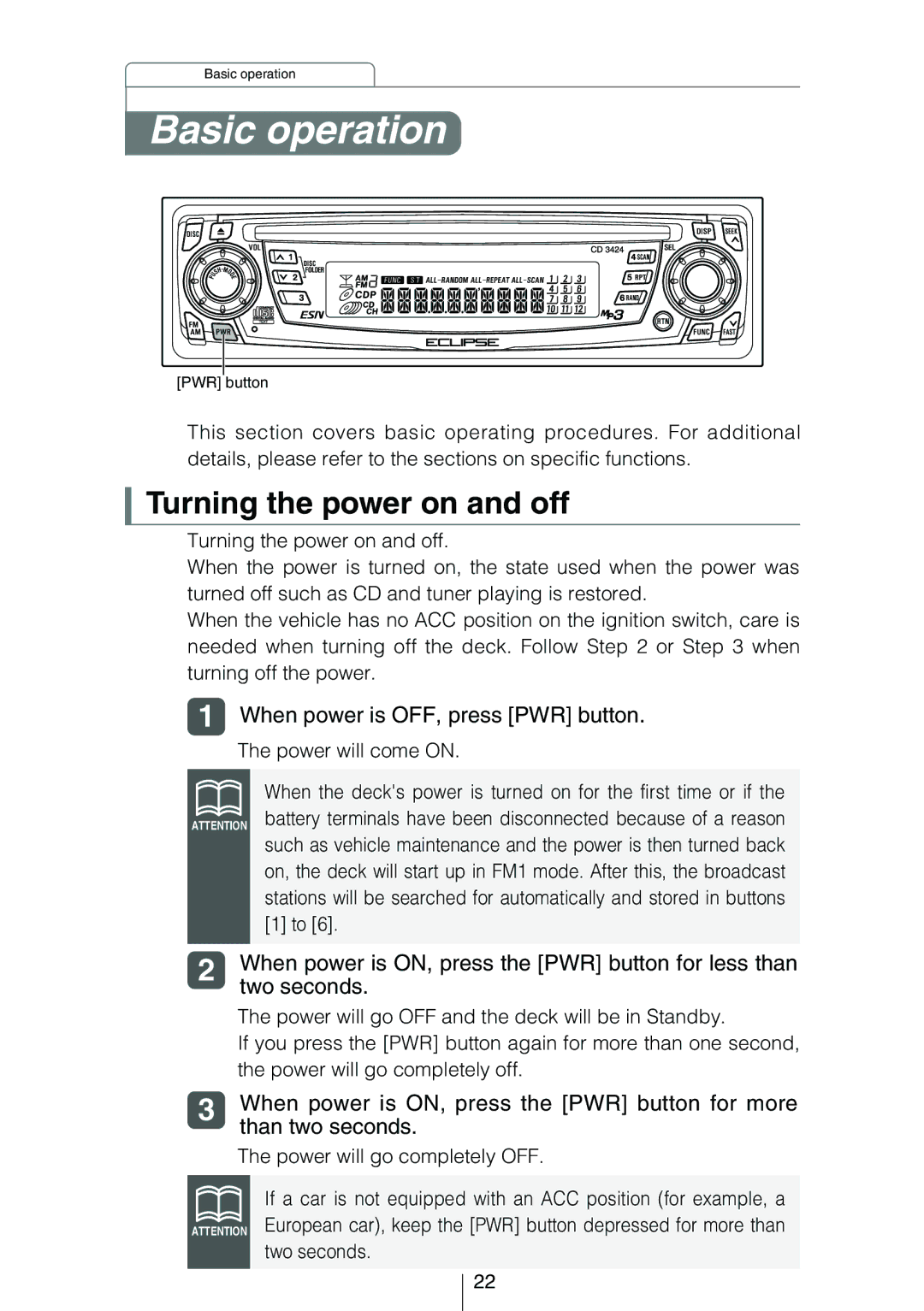 Eclipse - Fujitsu Ten CD3424 owner manual Basic operation, Turning the power on and off 