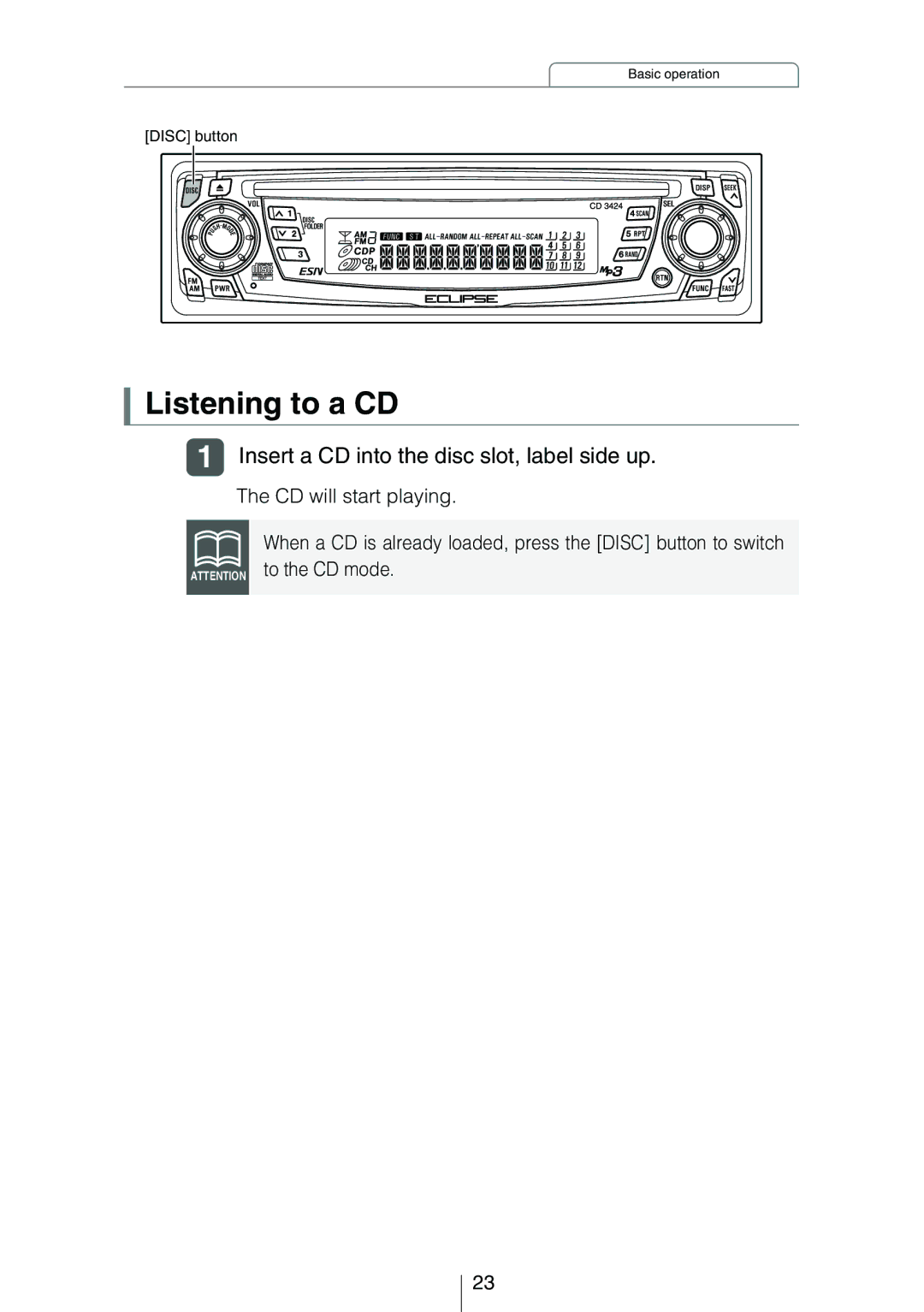 Eclipse - Fujitsu Ten CD3424 owner manual Listening to a CD 