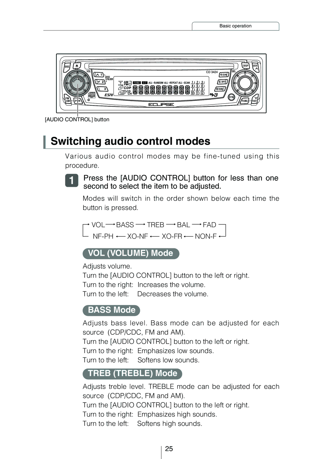 Eclipse - Fujitsu Ten CD3424 owner manual Switching audio control modes, VOL Volume Mode, Bass Mode, Treb Treble Mode 