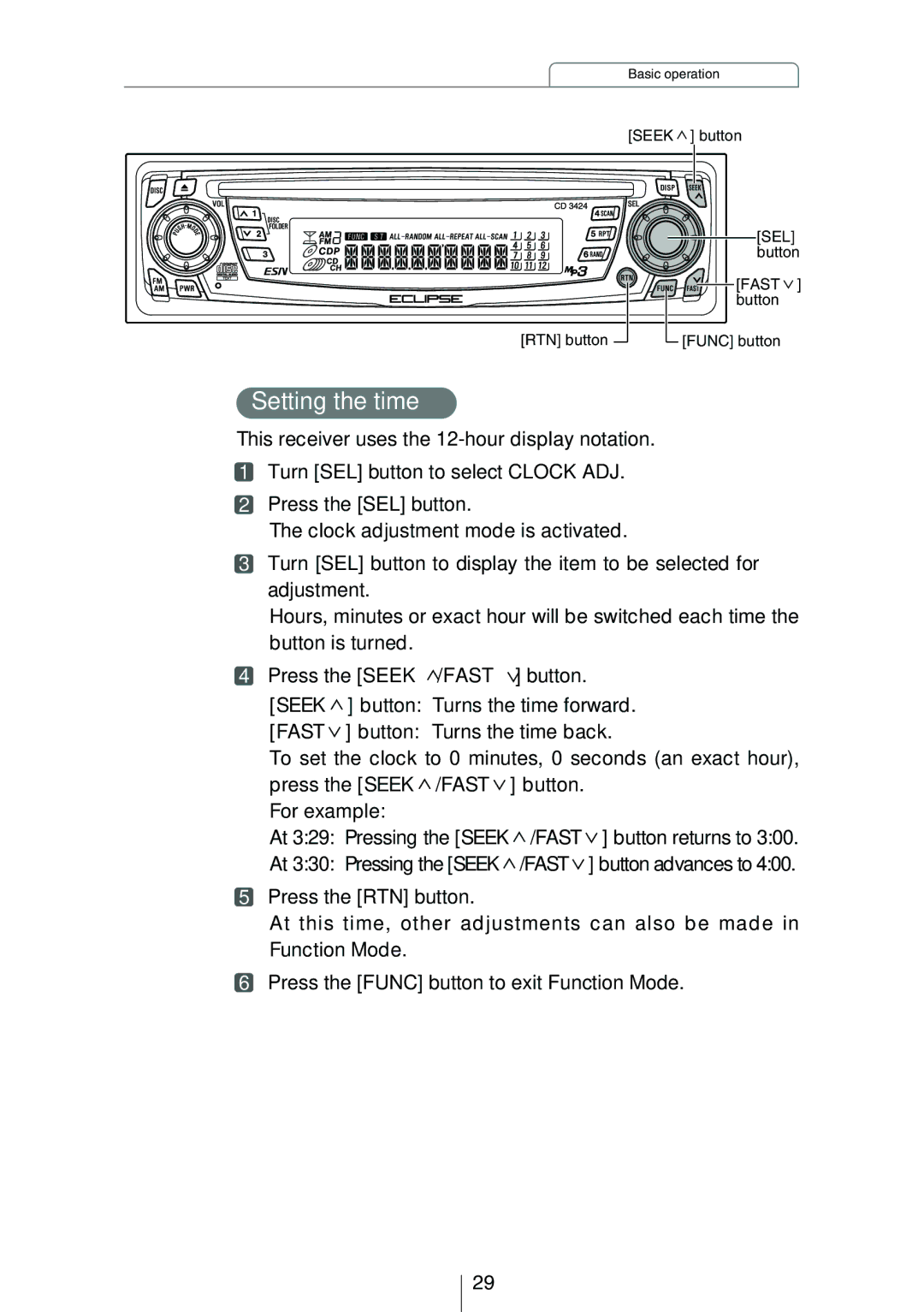 Eclipse - Fujitsu Ten CD3424 owner manual Setting the time 