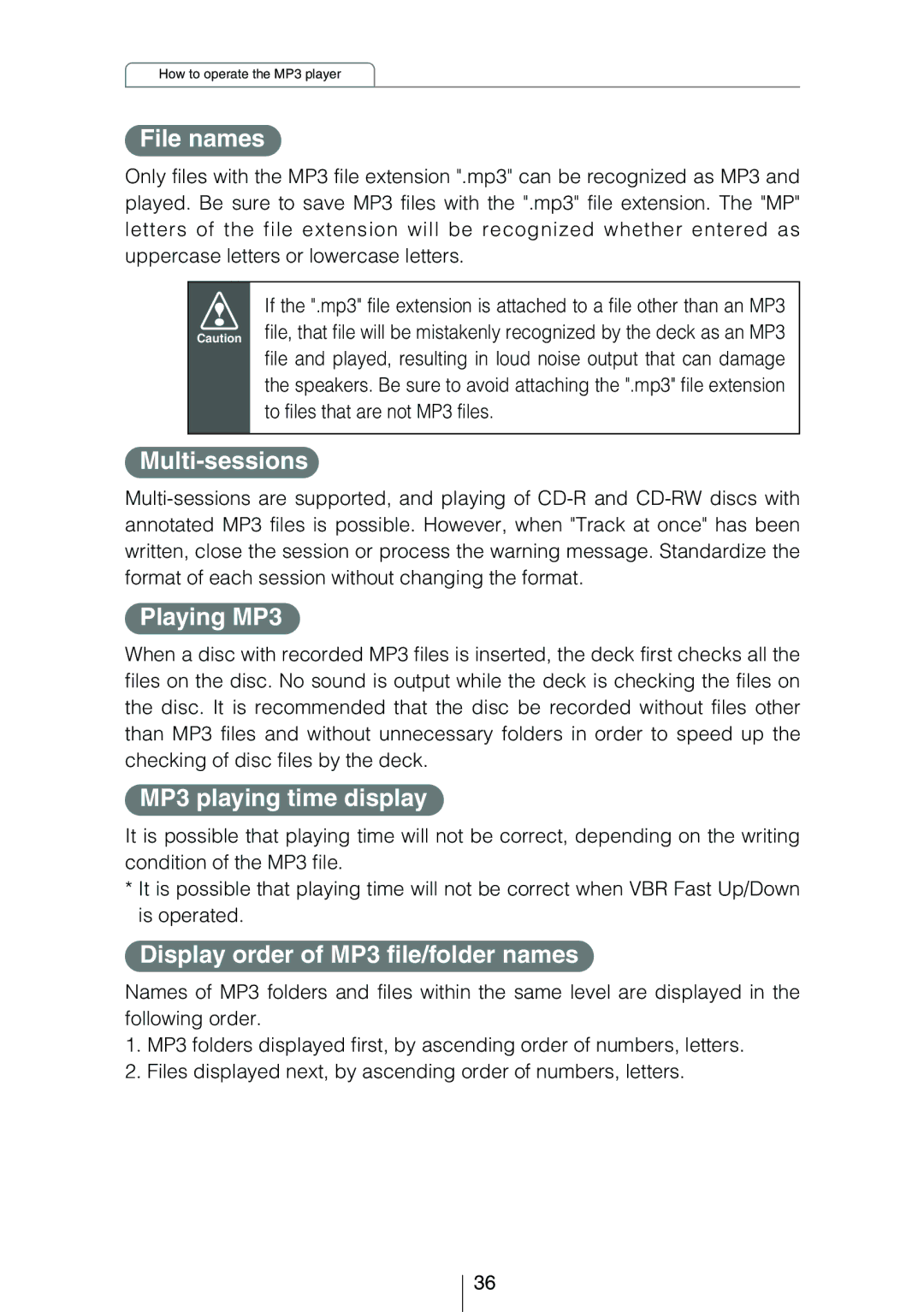 Eclipse - Fujitsu Ten CD3424 owner manual File names, Multi-sessions, Playing MP3, MP3 playing time display 