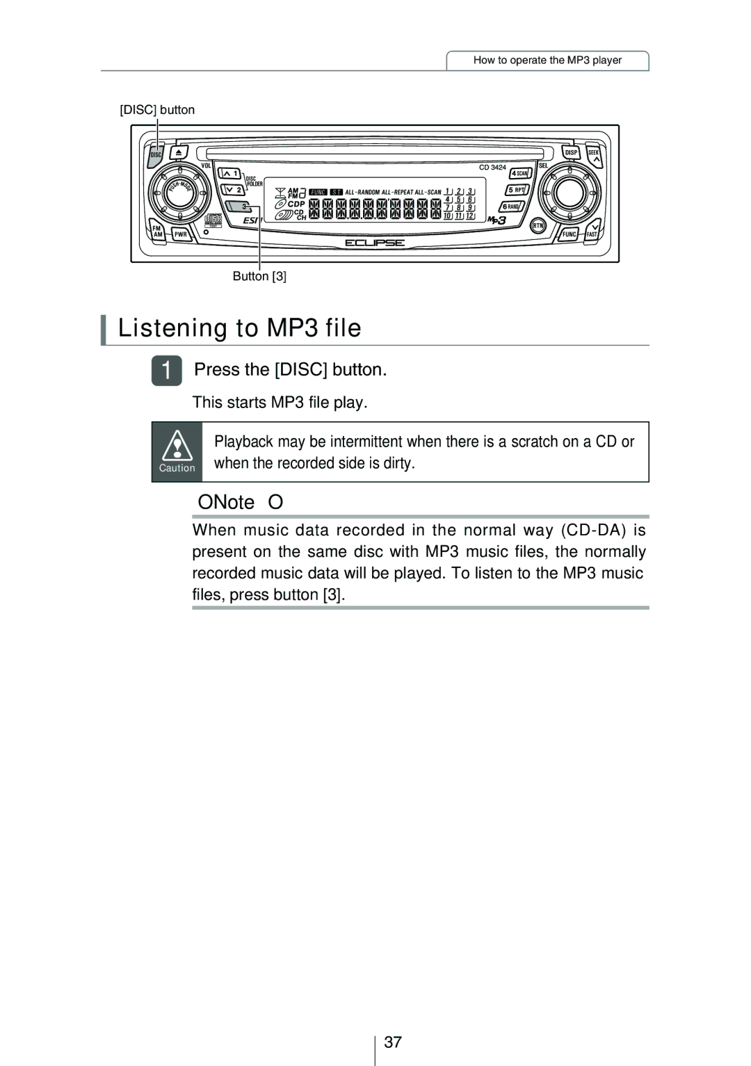 Eclipse - Fujitsu Ten CD3424 owner manual Listening to MP3 file 