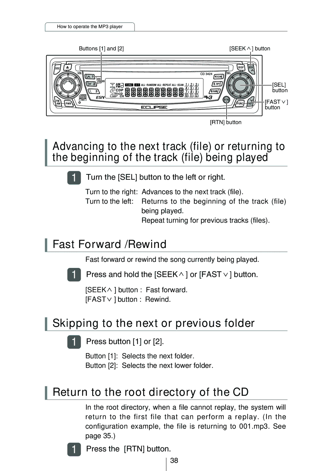 Eclipse - Fujitsu Ten CD3424 owner manual Fast Forward /Rewind, Skipping to the next or previous folder, Press button 1 or 