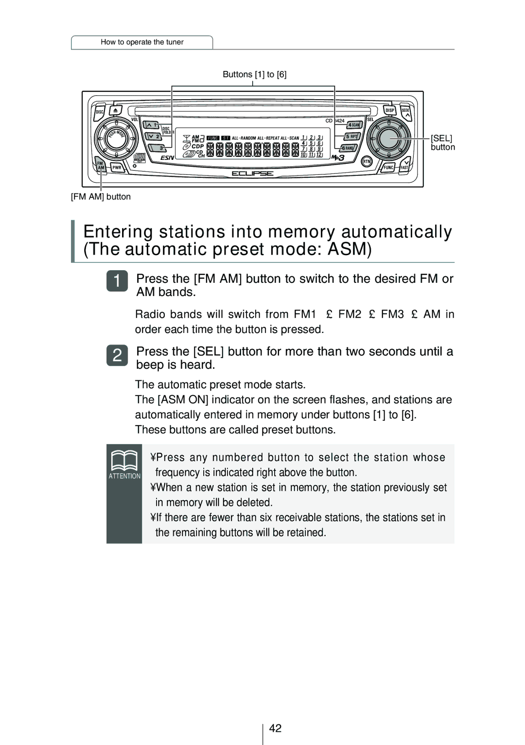 Eclipse - Fujitsu Ten CD3424 owner manual Press the SEL button for more than two seconds until a, Beep is heard 