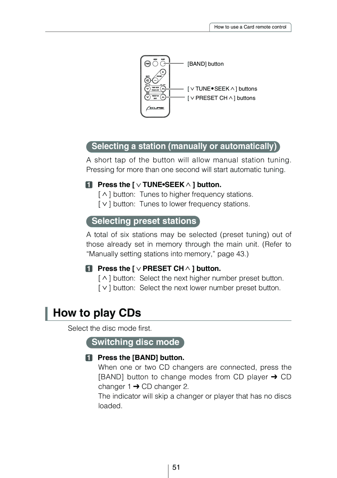 Eclipse - Fujitsu Ten CD3424 How to play CDs, Selecting a station manually or automatically, Selecting preset stations 