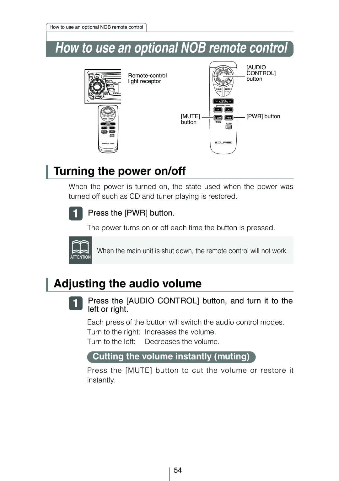 Eclipse - Fujitsu Ten CD3424 owner manual Press the Audio Control button, and turn it to, Left or right 