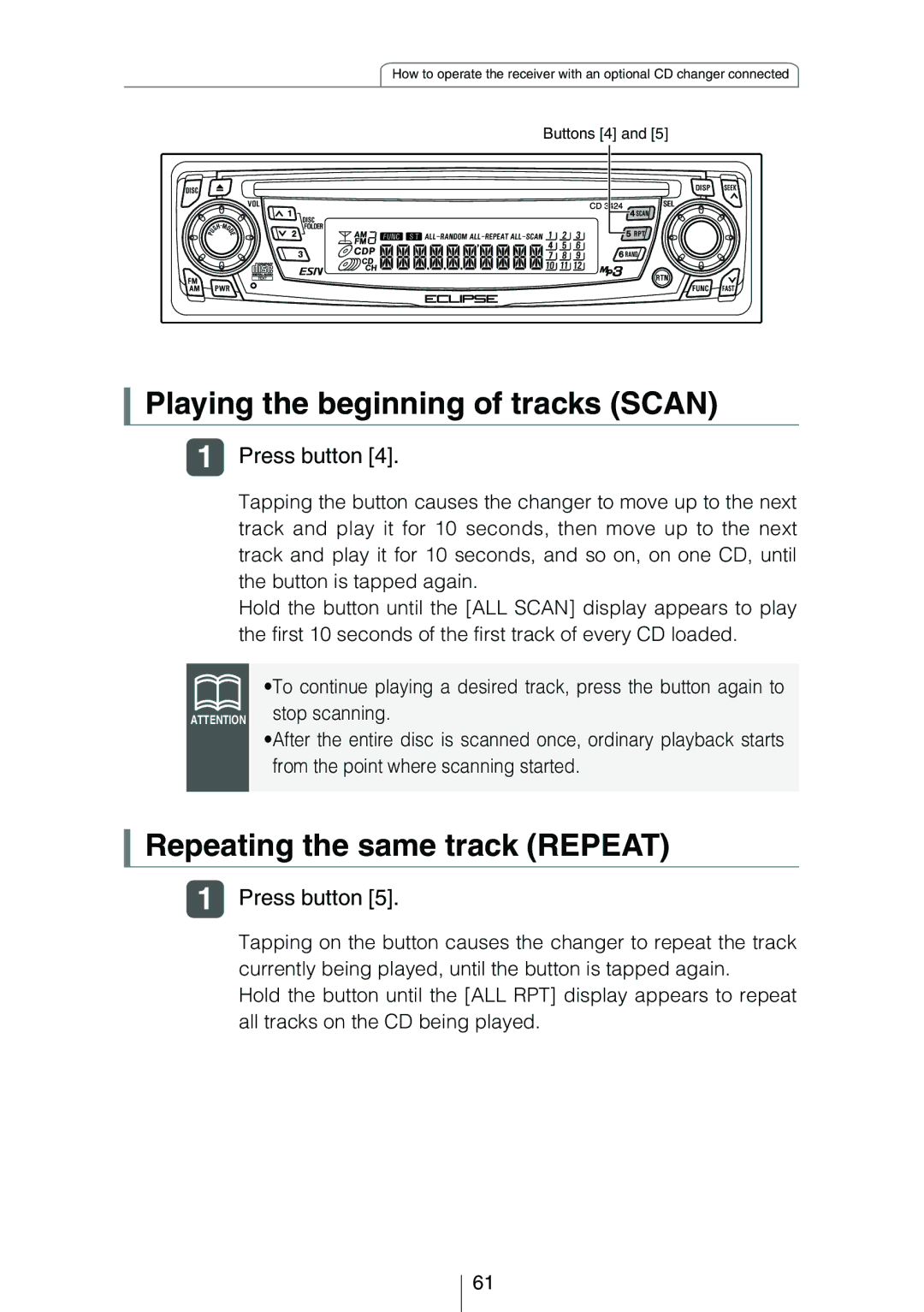 Eclipse - Fujitsu Ten CD3424 owner manual Playing the beginning of tracks Scan 