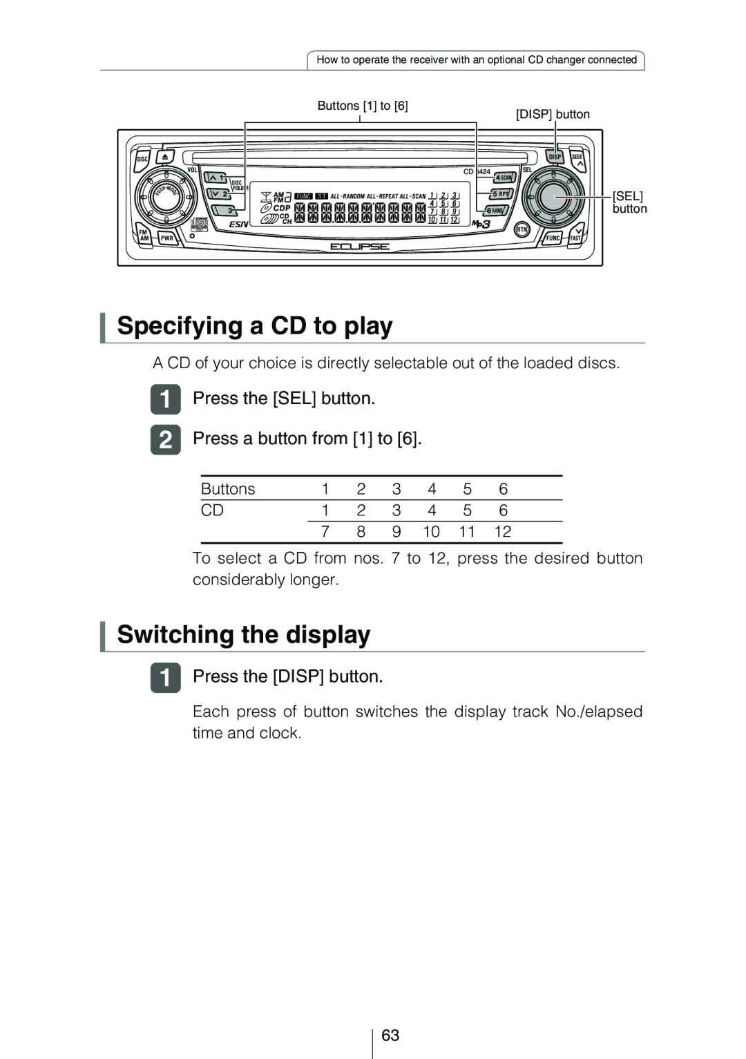 Eclipse - Fujitsu Ten CD3424 owner manual Specifying a CD to play, Press the SEL button Press a button from 1 to 