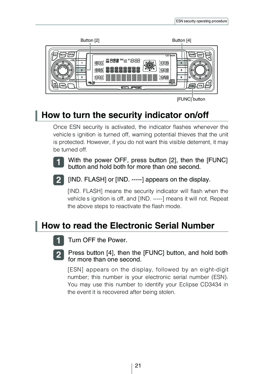 Eclipse - Fujitsu Ten CD3434 How to turn the security indicator on/off, How to read the Electronic Serial Number 