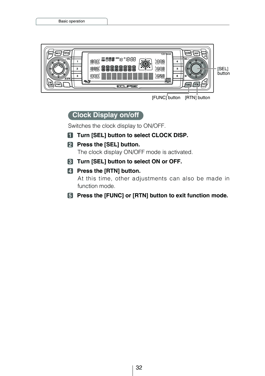 Eclipse - Fujitsu Ten CD3434 owner manual Clock Display on/off 