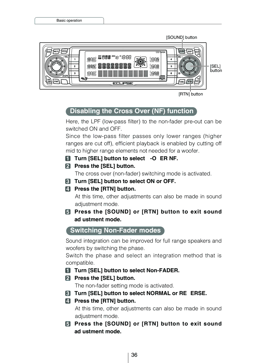 Eclipse - Fujitsu Ten CD3434 owner manual Disabling the Cross Over NF function, Switching Non-Fader modes 