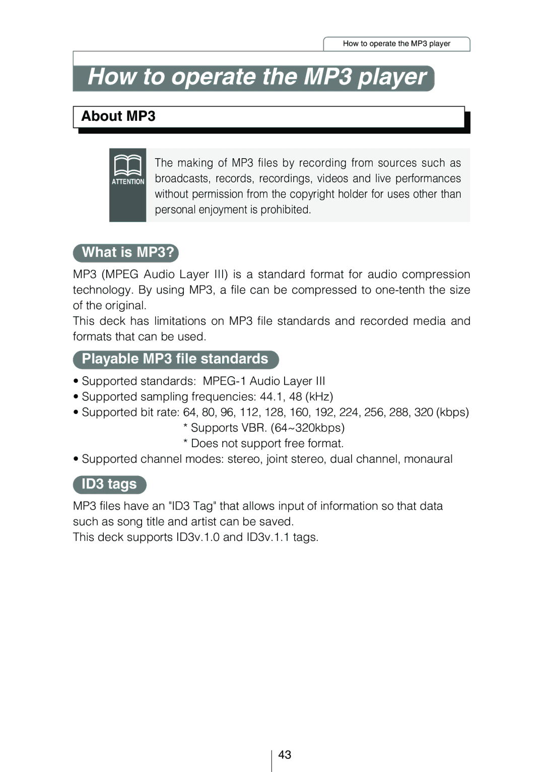 Eclipse - Fujitsu Ten CD3434 How to operate the MP3 player, What is MP3?, Playable MP3 file standards, ID3 tags 