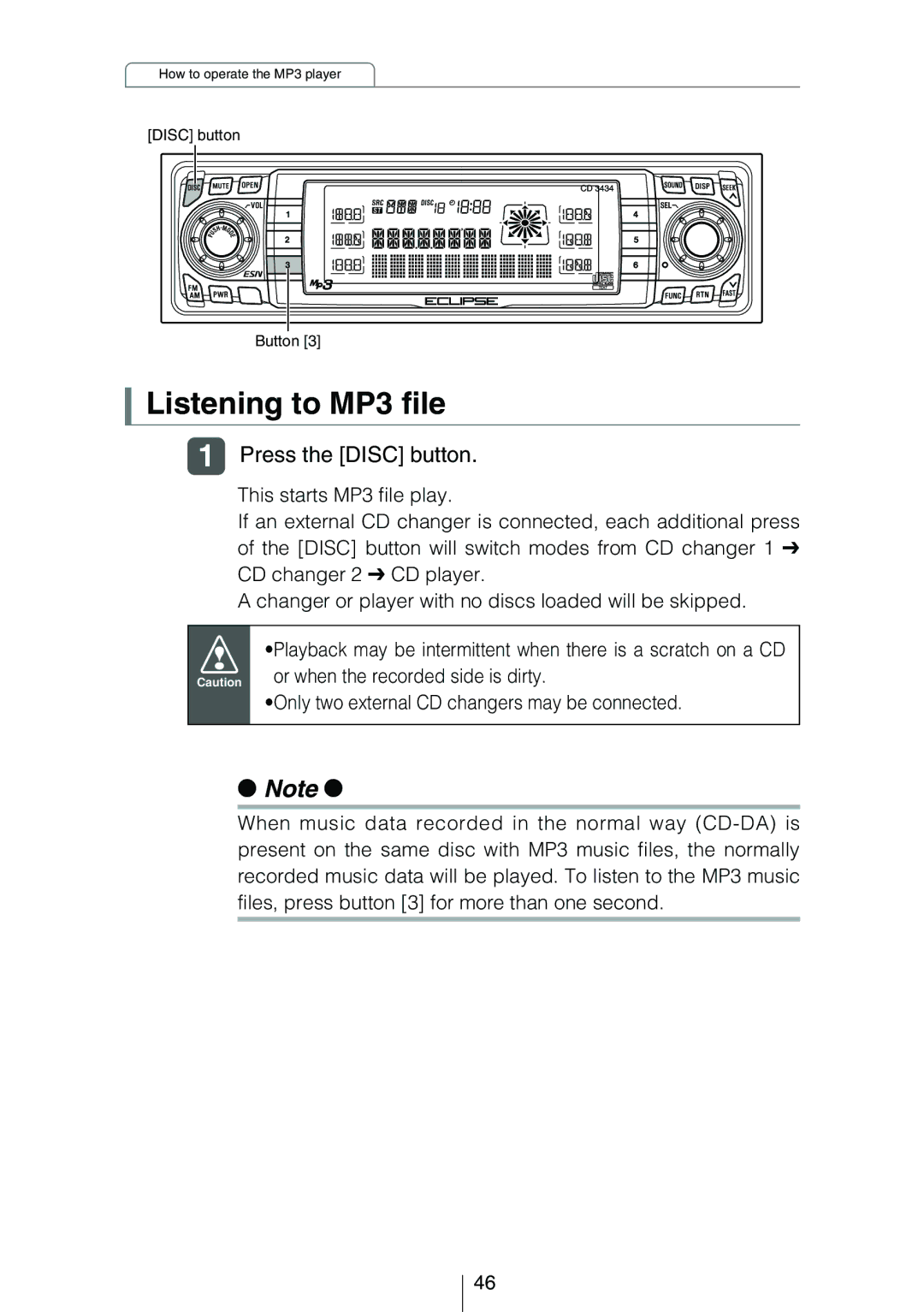 Eclipse - Fujitsu Ten CD3434 owner manual Listening to MP3 file, Press the Disc button 