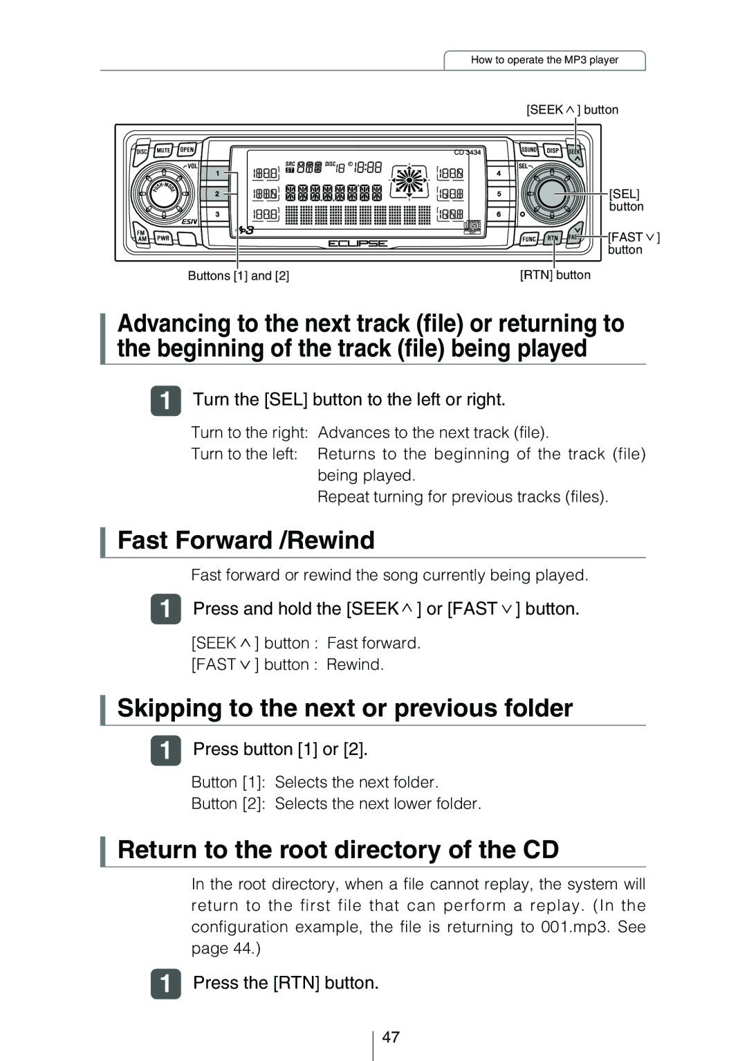 Eclipse - Fujitsu Ten CD3434 owner manual Fast Forward /Rewind, Skipping to the next or previous folder, Press button 1 or 