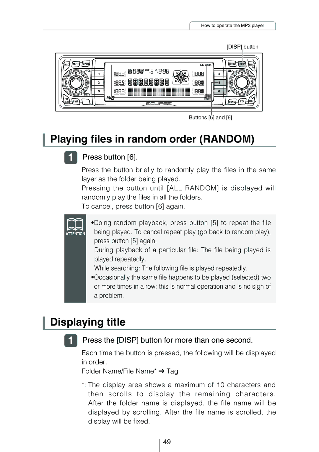 Eclipse - Fujitsu Ten CD3434 owner manual Playing files in random order Random, Displaying title 