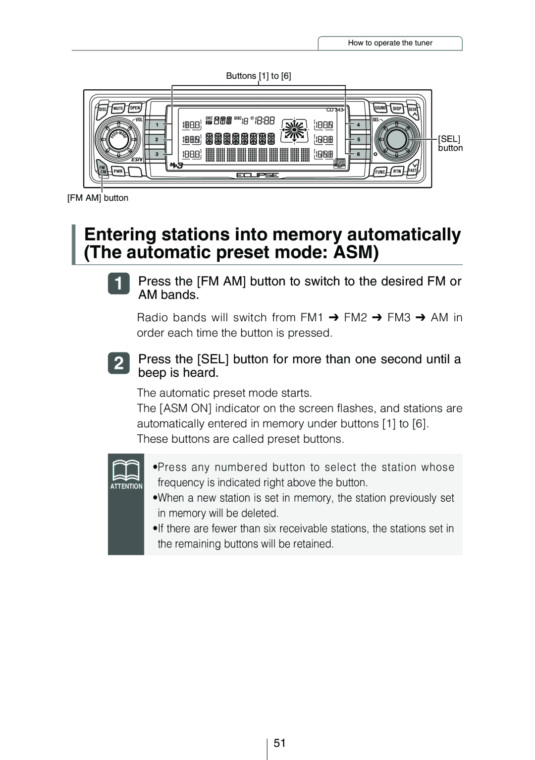 Eclipse - Fujitsu Ten CD3434 owner manual Press the SEL button for more than one second until a, Beep is heard 