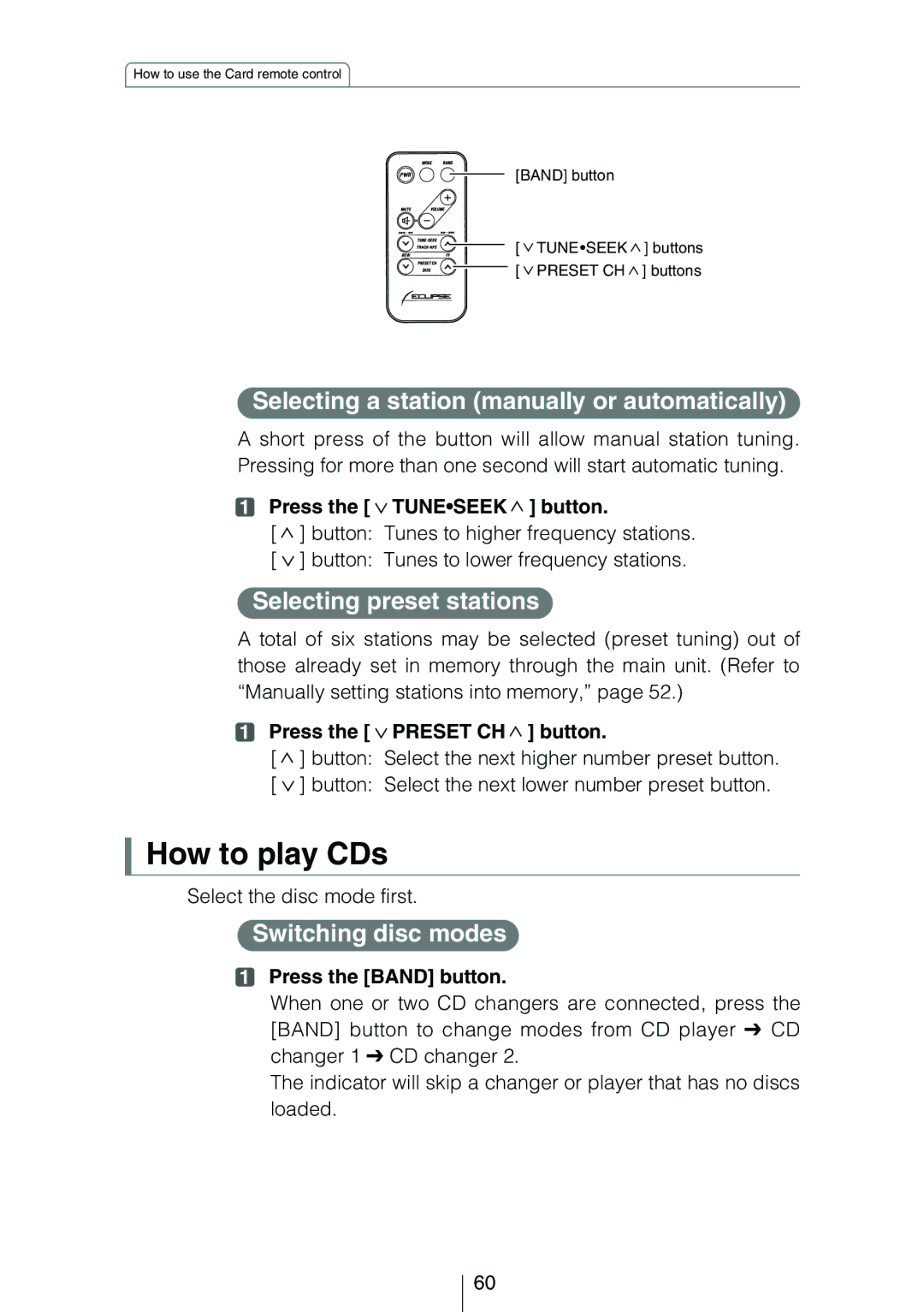 Eclipse - Fujitsu Ten CD3434 How to play CDs, Selecting a station manually or automatically, Selecting preset stations 