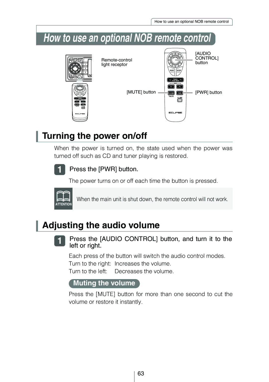 Eclipse - Fujitsu Ten CD3434 owner manual Press the Audio Control button, and turn it to, Left or right 