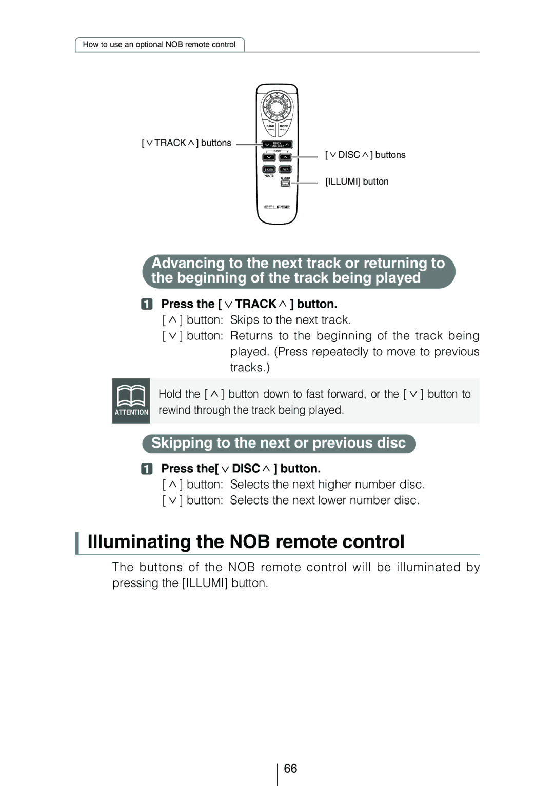 Eclipse - Fujitsu Ten CD3434 owner manual Illuminating the NOB remote control, Press the Track button 