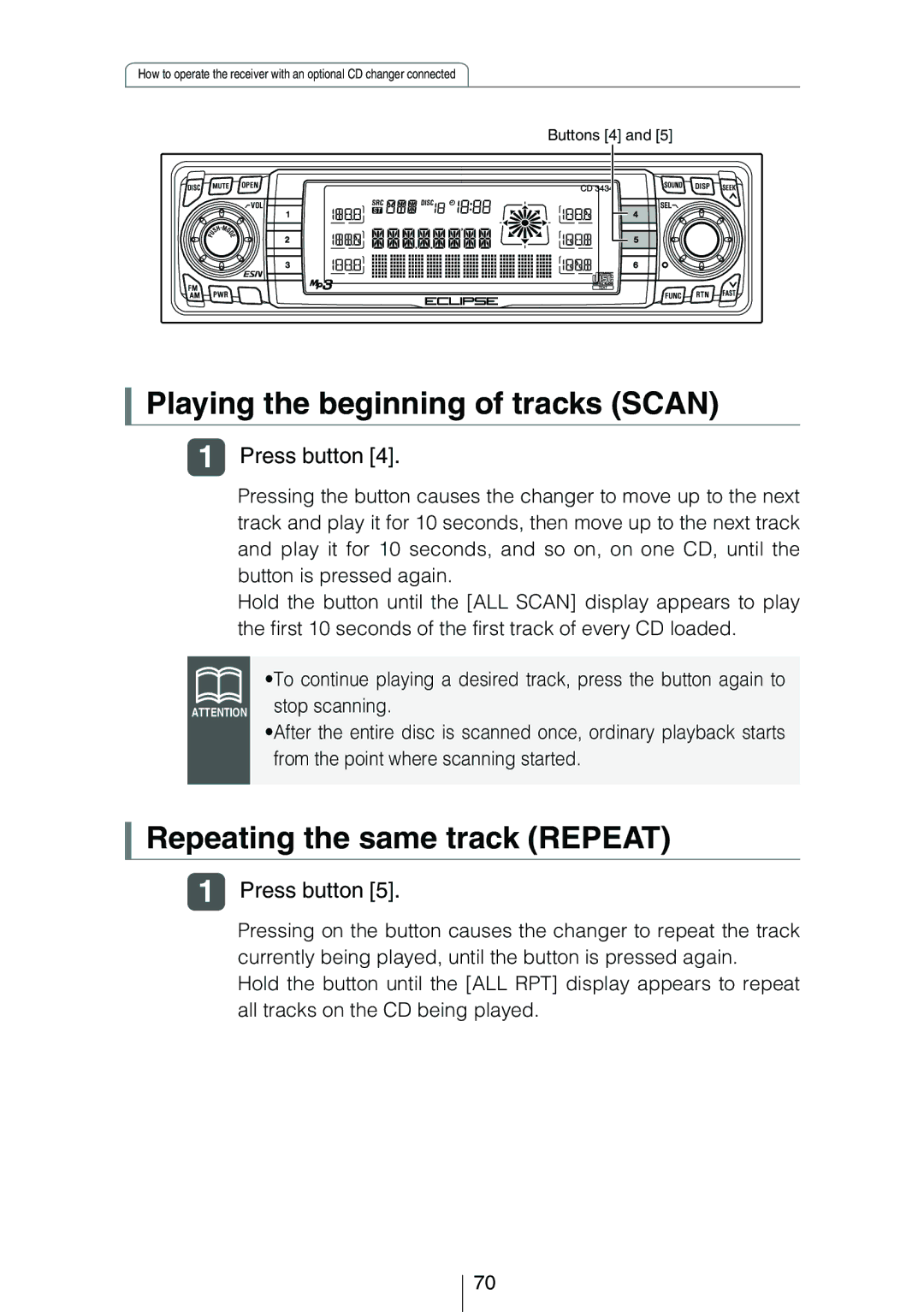 Eclipse - Fujitsu Ten CD3434 owner manual Playing the beginning of tracks Scan 