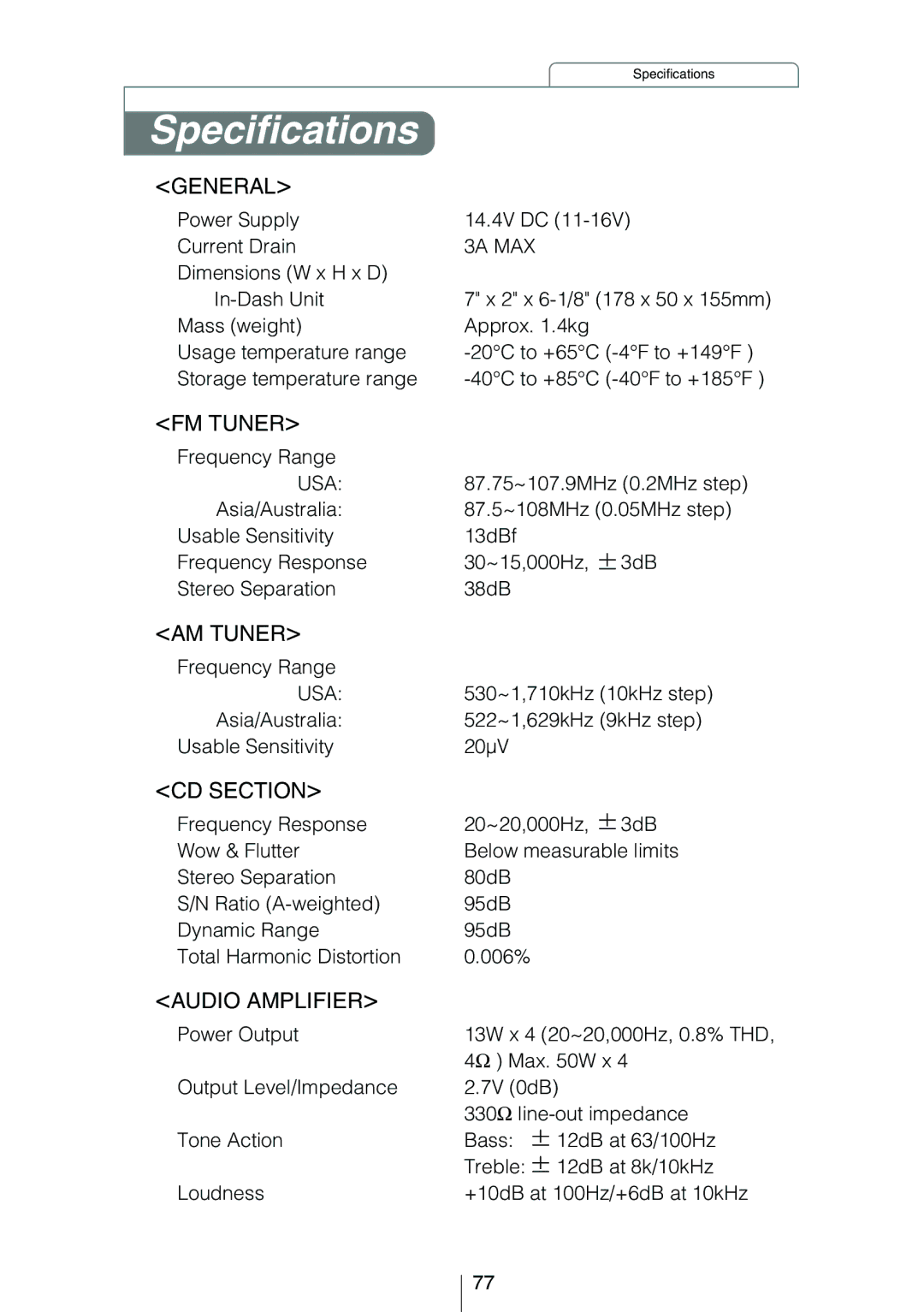 Eclipse - Fujitsu Ten CD3434 owner manual Specifications, General 