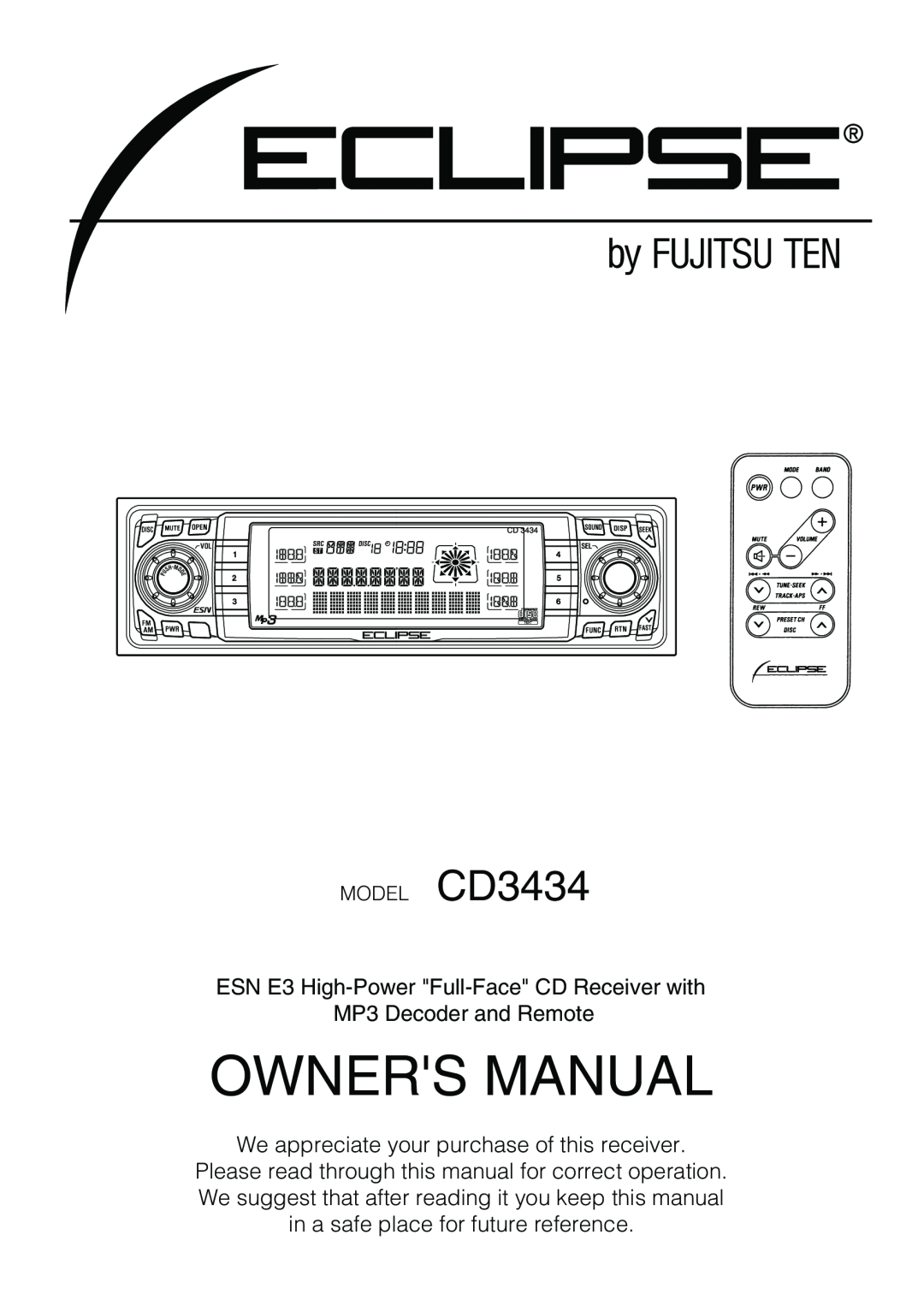 Eclipse - Fujitsu Ten CD3434 owner manual ESN E3 High-Power Full-Face CD Receiver with MP3 Decoder and Remote 